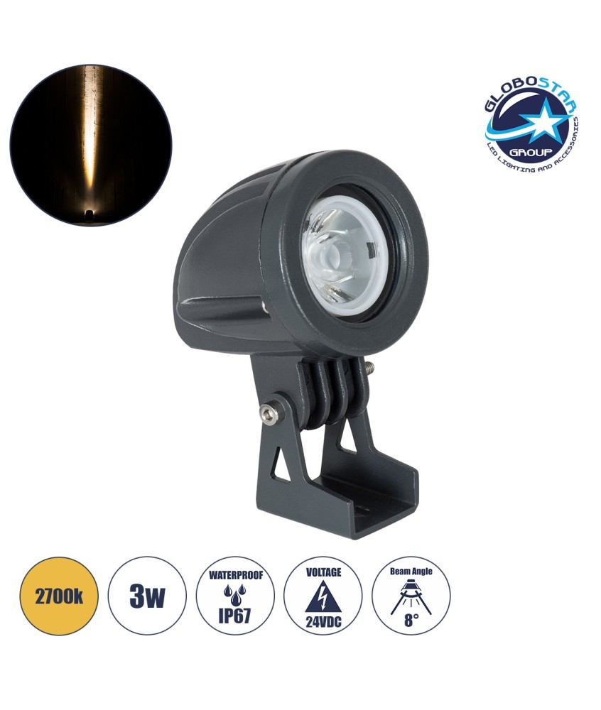 GLOBOSTAR® TREEDITA 90474 Φωτιστικό Σποτ για Φυτά - Δέντρα LED 3W 330lm 8° DC 24V Αδιάβροχο IP67 Θερμό Λευκό 2700K Dimmable - Bridgelux SMD Chip - Γκρι Ανθρακί - Μ5.7 x Π6.5 x Υ9.8cm - 3 Χρόνια Εγγύηση